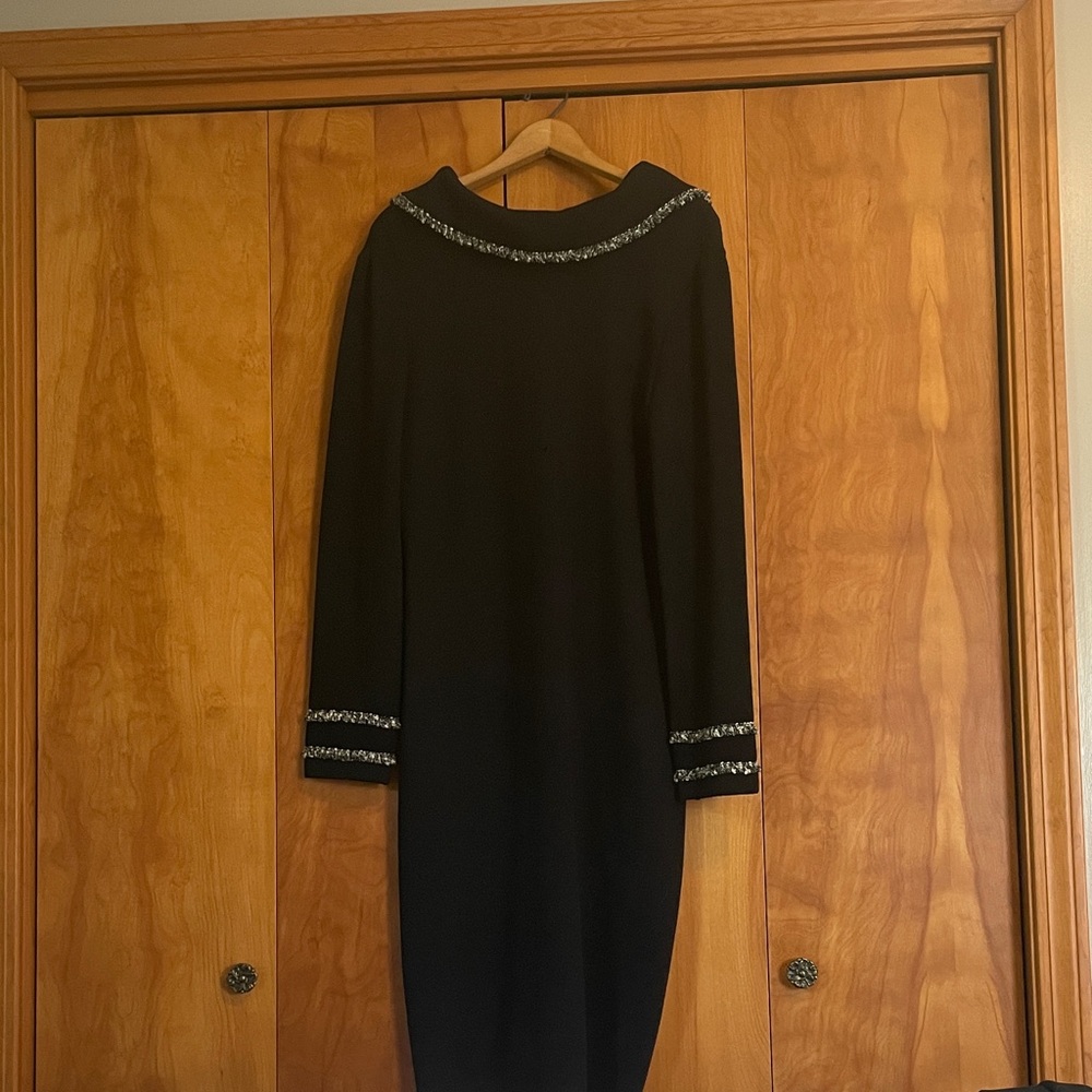 St. John Elegant Black Dress with Black and white  Accents